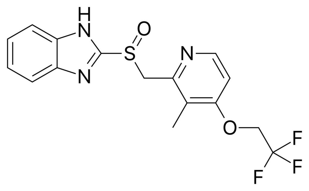 Lansoprazole — Skeletal formula of lansoprazole (original brand name Prevacid)—a proton pump inhibitor. C