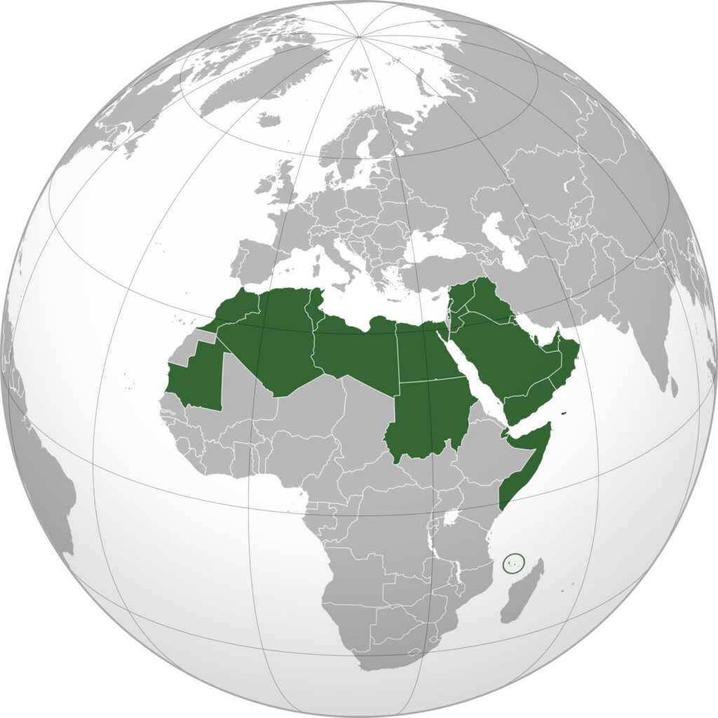Arab world — Orthographic map centred on the members of the Arab League